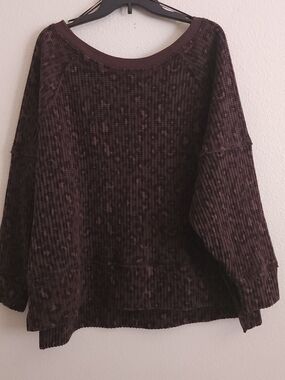 American Eagle Big Hug Waffle Knit Oversized Sweatshirt Brown Leopard Print L